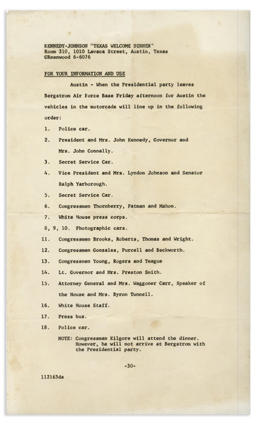 Press Kit From the John F. Kennedy ''Texas Welcome Dinner'' the Night of His Assassination